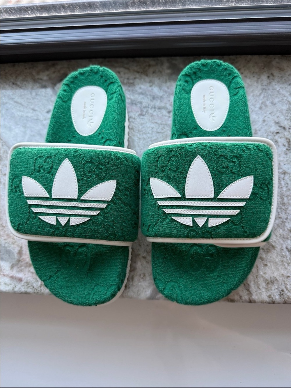 Gucci Green Terry Logo Slide Sandals with White Insole Patch